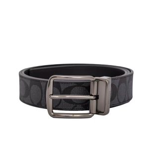 COACH 蔻馳 經典C LOGO 針扣雙面皮帶 腰帶 男款 黑灰色 寬3.8cm